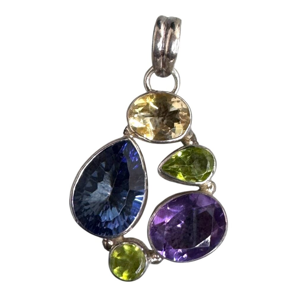 Multi color Gemstone Silver Pendant Artisan Crafted Jewelry Peridot Amethyst